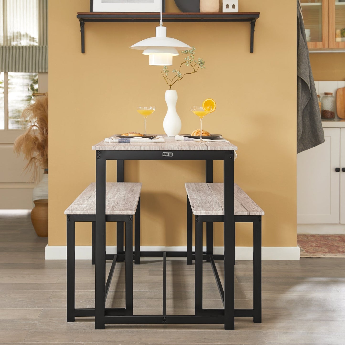 SoBuy 3-Piece Dining Table Set OGT25-HN - 2 Benches 1 Dining Table - MDF with Metal Legs - 110 x 74 x 58 cm - Natural/Black