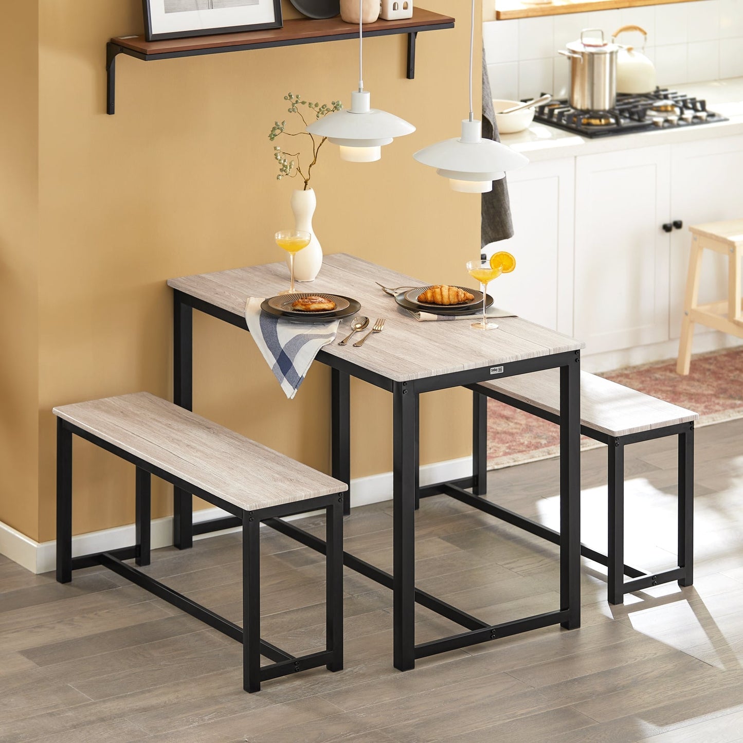 SoBuy 3-Piece Dining Table Set OGT25-HN - 2 Benches 1 Dining Table - MDF with Metal Legs - 110 x 74 x 58 cm - Natural/Black