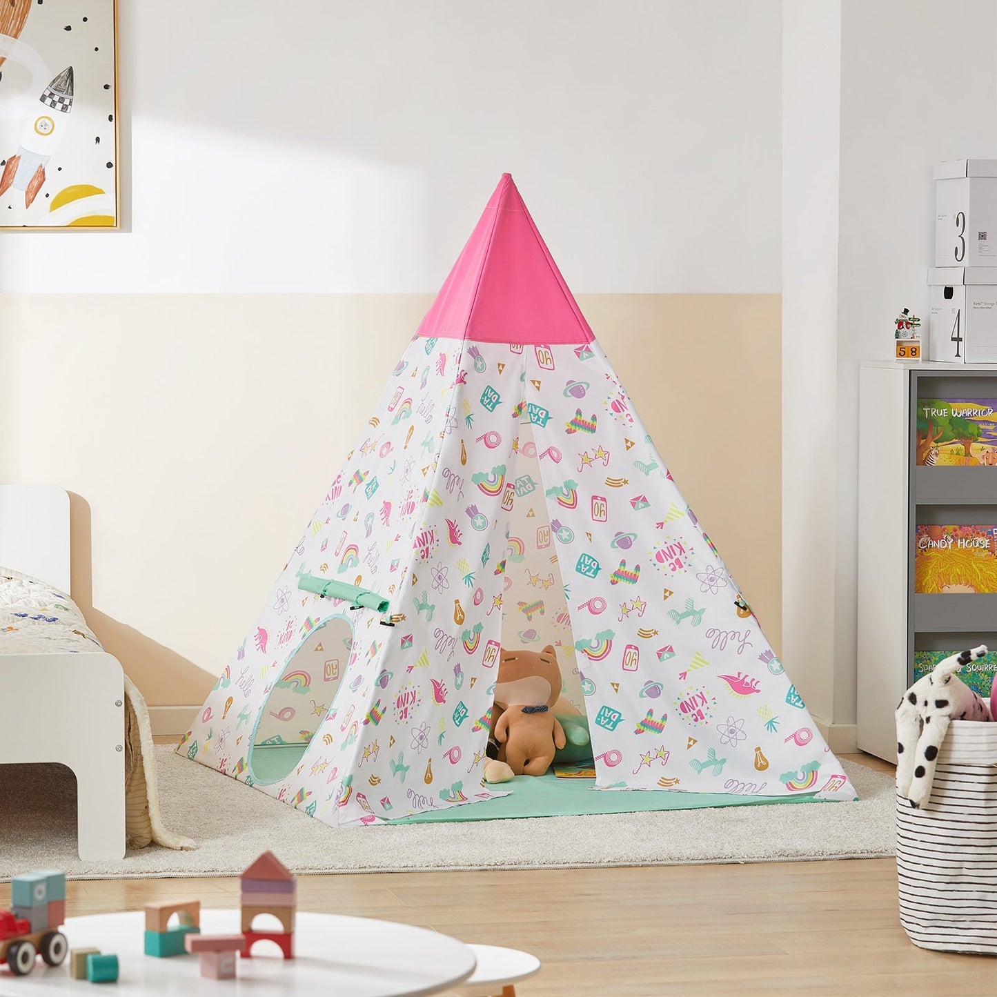 SoBuy OSS06 - Tente de jeu Tipi pour enfants - avec sac de transport - 133 x 133 x 153 cm - blanc/rose