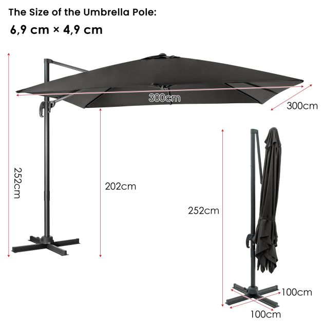 Parasol flottant Coast noir - 300 x 300 cm - orientable et inclinable à 360