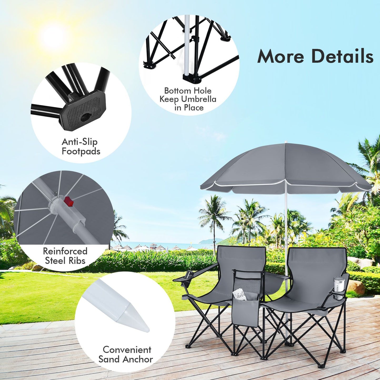 Chaise de pêche double Coast avec parasol - Max. 120 kg - 161 x 55 x 85 cm - Gris