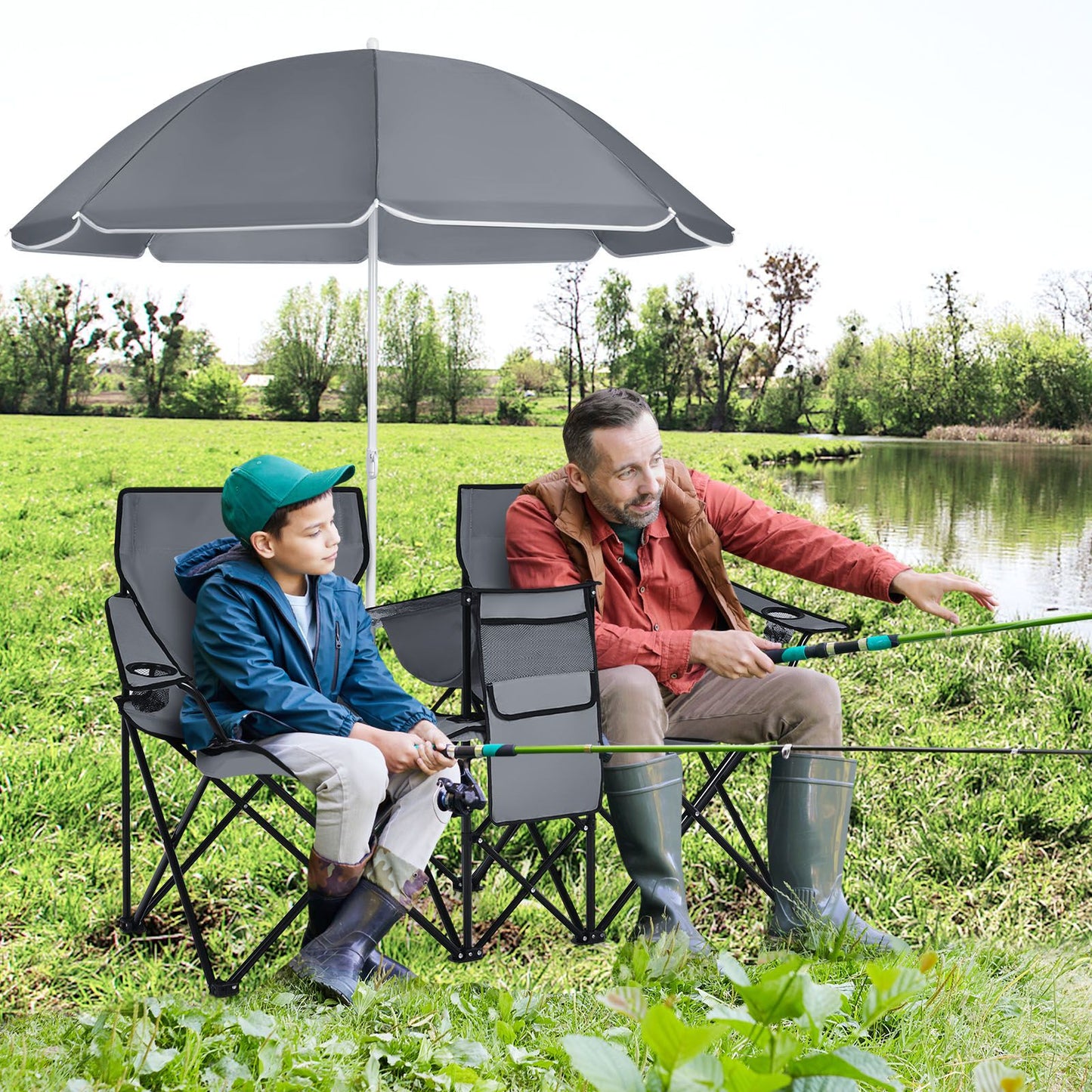 Chaise de pêche double Coast avec parasol - Max. 120 kg - 161 x 55 x 85 cm - Gris