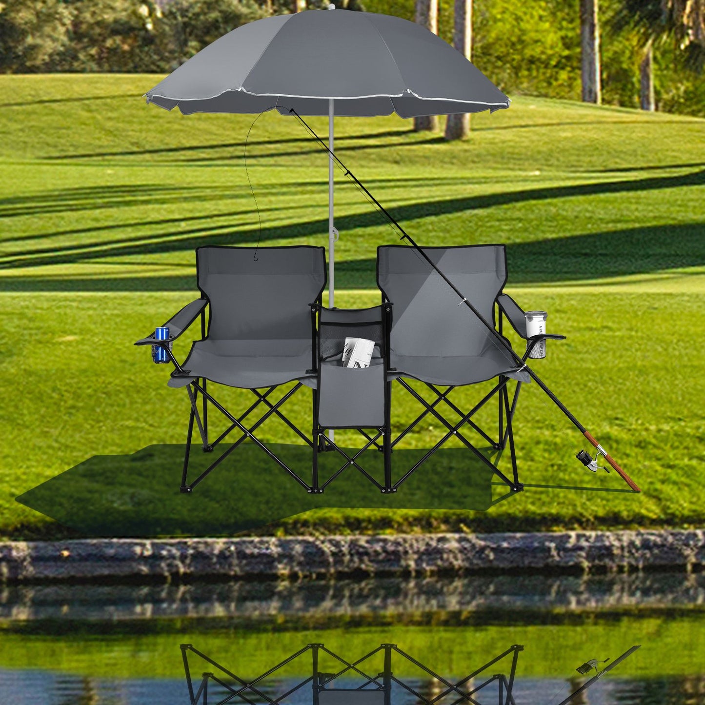 Chaise de pêche double Coast avec parasol - Max. 120 kg - 161 x 55 x 85 cm - Gris