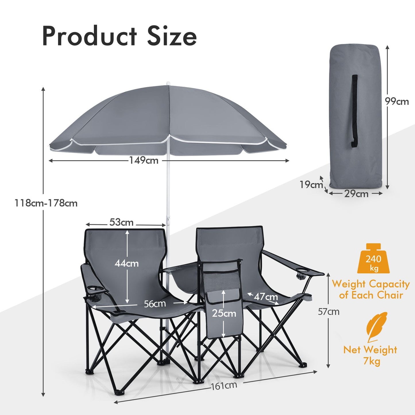 Chaise de pêche double Coast avec parasol - Max. 120 kg - 161 x 55 x 85 cm - Gris