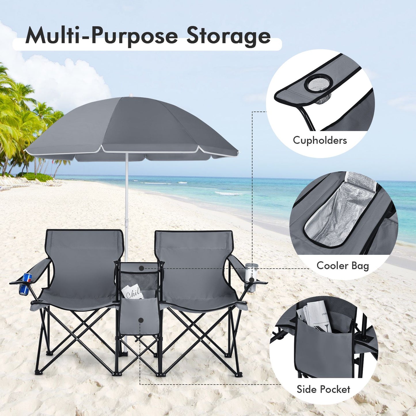 Chaise de pêche double Coast avec parasol - Max. 120 kg - 161 x 55 x 85 cm - Gris