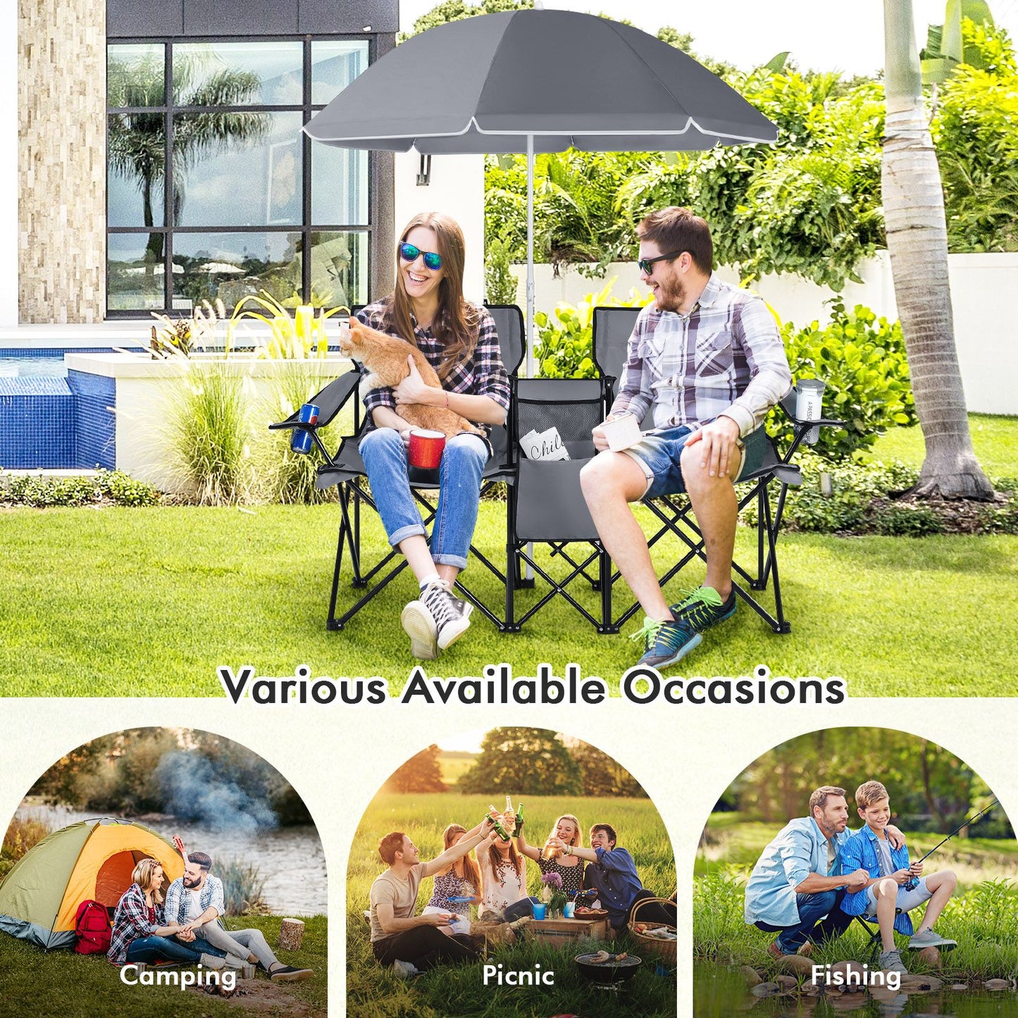 Chaise de pêche double Coast avec parasol - Max. 120 kg - 161 x 55 x 85 cm - Gris