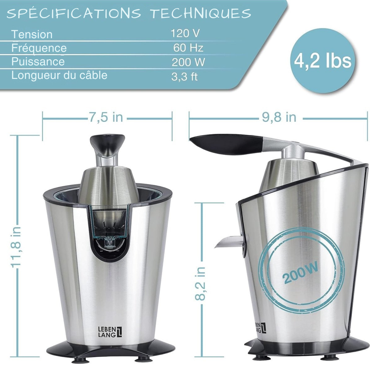 Centrifugeuse - LEBENLANG Extracteur de jus - Presse orange - 600W - 20 x 20 x 31 cm - Argenté