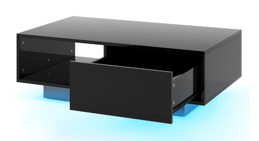 Coast Table basse LED High Gloss - Avec télécommande, tiroir et compartiment ouvert - 95 x 55 x 31 cm - MDF/Bois composite - Noir