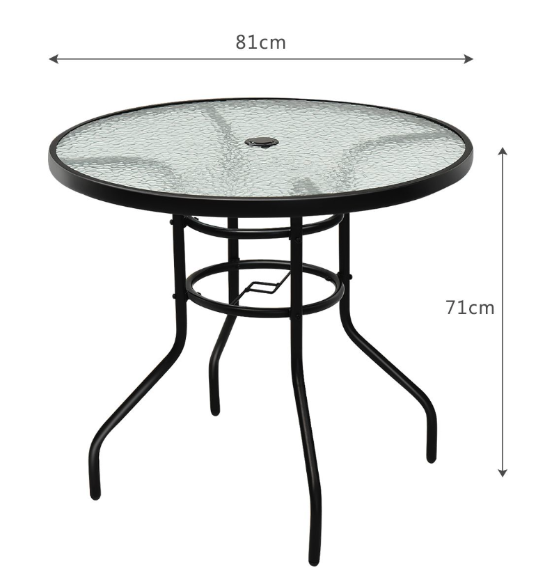 Coast Table de bistro / Table de terrasse - Ø 81 cm, Avec parapluie, Résistant aux intempéries, Charge admissible 80 kg - Verre trempé/Fer - Noir