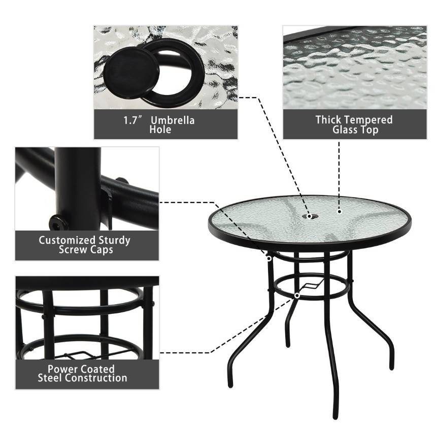 Coast Table de bistro / Table de terrasse - Ø 81 cm, Avec parapluie, Résistant aux intempéries, Charge admissible 80 kg - Verre trempé/Fer - Noir