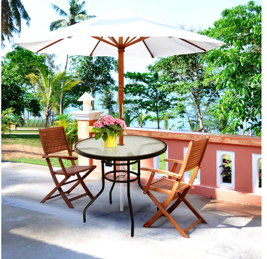 Coast Table de bistro / Table de terrasse - Ø 81 cm, Avec parapluie, Résistant aux intempéries, Charge admissible 80 kg - Verre trempé/Fer - Noir