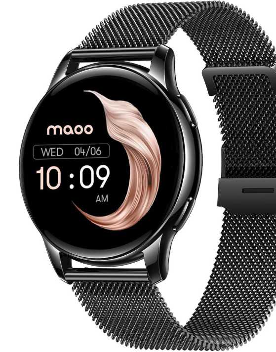 Maoo Ventura AMOLED Smartwatch Ladies - Acier inoxydable et bracelet en silicone 3x - Podomètre - Moniteur de fréquence cardiaque - Moniteur de sommeil - Multisport - Convient à Android et iOS - Noir