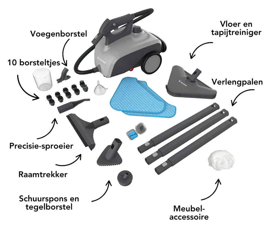 Techweise - TS1 Nettoyeur vapeur (21 accessoires) - 1500W, 45 min de vapeur, 3.6 Bar de pression, 100°C - 40 x 28.2 x 33.5 cm - Plastique/métal - Gris/Noir
