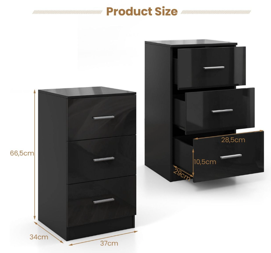 Coast - Classeur à 3 tiroirs - 37,1 x 34,2 x 66,5 cm - Composite noir et bois - Capacité de 55 kg - Pour le bureau et la maison