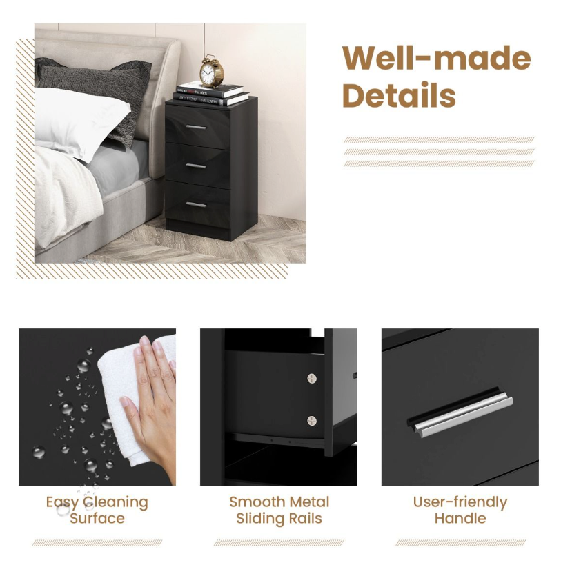 Coast - Classeur à 3 tiroirs - 37,1 x 34,2 x 66,5 cm - Composite noir et bois - Capacité de 55 kg - Pour le bureau et la maison