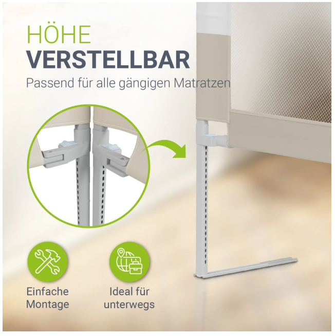 Juskys Baby Barrière de lit Jaron - 200 cm - Réglable et combinable - Beige - Barrière de lit anti-chute