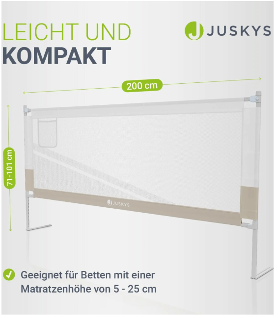 Juskys Baby Barrière de lit Jaron - 200 cm - Réglable et combinable - Beige - Barrière de lit anti-chute