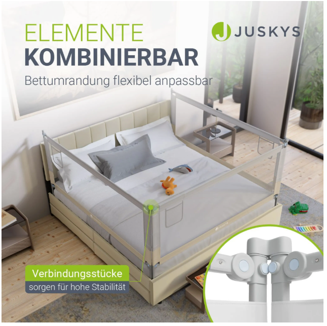 Juskys Baby Barrière de lit Jaron - 200 cm - Réglable et combinable - Beige - Barrière de lit anti-chute
