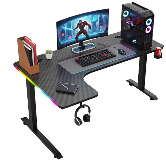 Avalo - Gaming Desk & L-Shaped Corner Desk - 160x100x75 cm - Avec éclairage LED RGB - Porte-gobelet et crochet pour casque - Acier inoxydable & ABS - Noir
