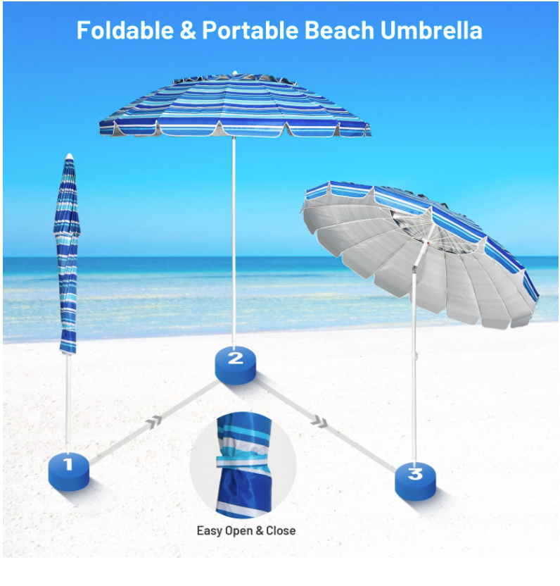 Coast - Parasol de plage - 245 cm de diamètre (8 pieds) - Avec ancre à sable et mécanisme d'inclinaison - Protection UV 50+ - Métal et polyester - Bleu
