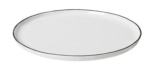 Broste Copenhagen - Assiette plate à sel - Lot de 4 - Ø28 cm - Grès blanc - bord noir peint à la main - Rustique & fait main - Va au lave-vaisselle et au micro-ondes