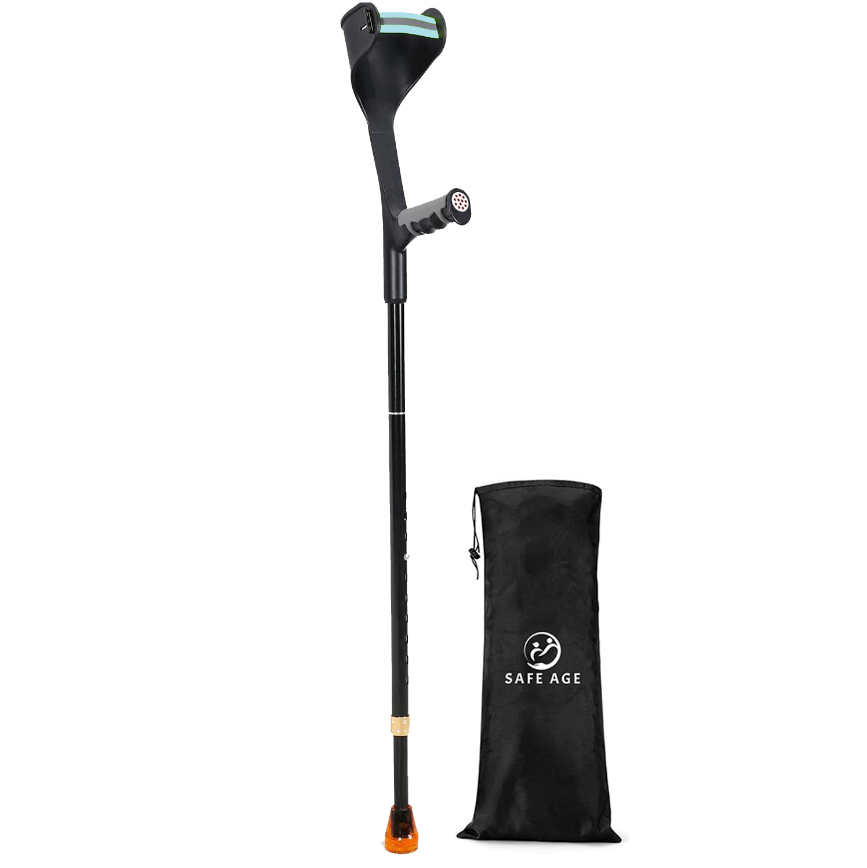 SafeLife® - Béquille de marche et de coude - 1 pièce - Hauteur réglable - Aluminium noir et plastique - Poignée ergonomique - Légère et confortable