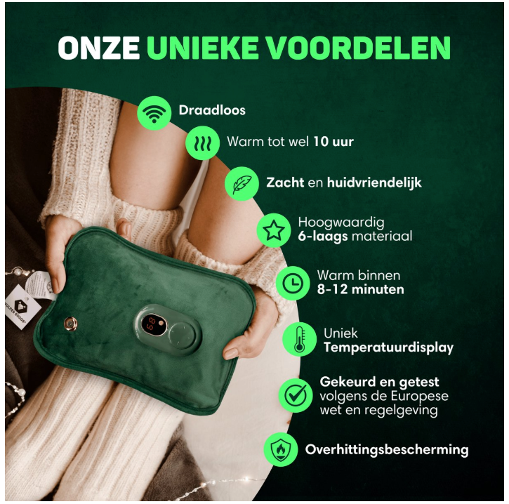 Vulpes Goods® - Pichet électrique - Flanelle verte douce - Affichage numérique - Comprend un chauffe-mains, un chauffe-pieds et une sangle chauffante - Rechargeable et sans fil - Contre les douleurs menstruelles
