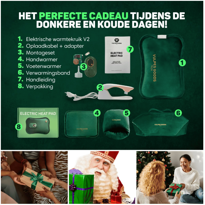 Vulpes Goods® - Pichet électrique - Flanelle verte douce - Affichage numérique - Comprend un chauffe-mains, un chauffe-pieds et une sangle chauffante - Rechargeable et sans fil - Contre les douleurs menstruelles