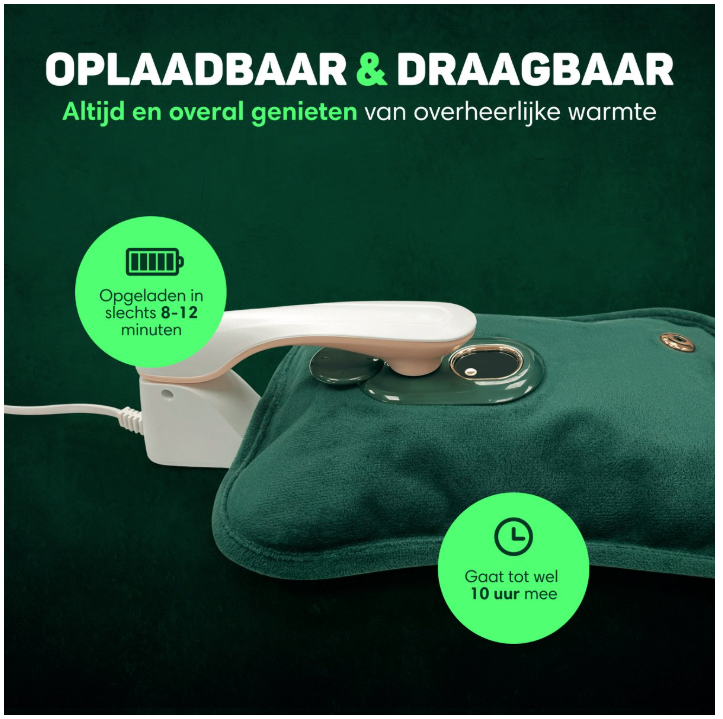 Vulpes Goods® - Pichet électrique - Flanelle verte douce - Affichage numérique - Comprend un chauffe-mains, un chauffe-pieds et une sangle chauffante - Rechargeable et sans fil - Contre les douleurs menstruelles