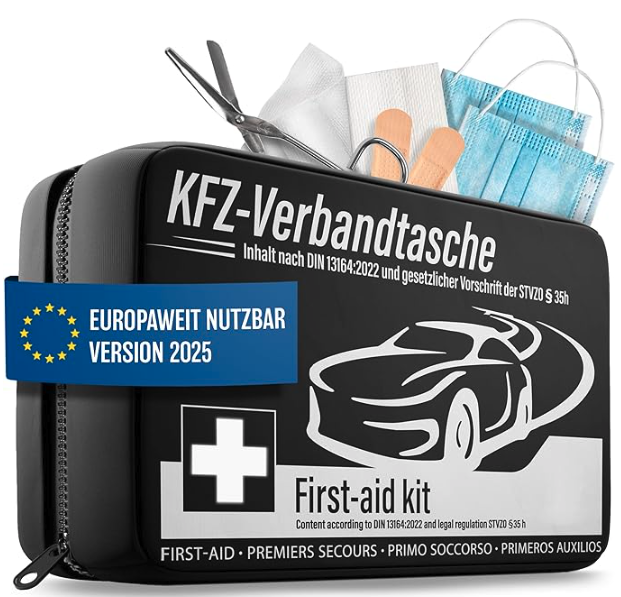HELDENWERK - Car First Aid Bag & First Aid Kit - DIN 13164:2022 Standard - Compact - Nylon noir résistant à l'eau - Comprend des masques et une couverture de sauvetage - Pour voiture, moto et camion - Obligatoire en Europe