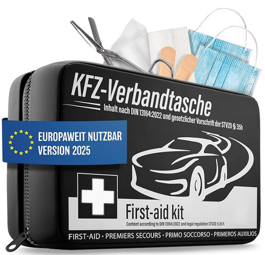 HELDENWERK - Car First Aid Bag & First Aid Kit - DIN 13164:2022 Standard - Compact - Nylon noir résistant à l'eau - Comprend des masques et une couverture de sauvetage - Pour voiture, moto et camion - Obligatoire en Europe
