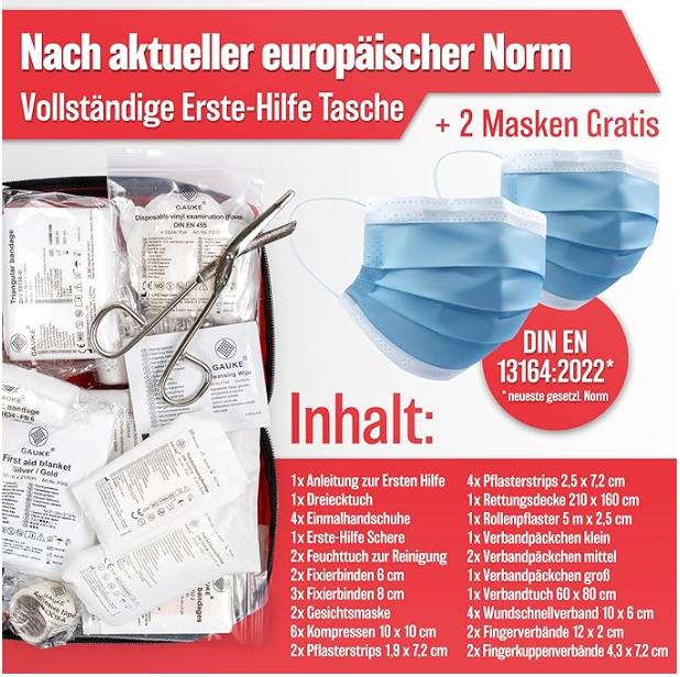 HELDENWERK - Car First Aid Bag & First Aid Kit - DIN 13164:2022 Standard - Compact - Nylon noir résistant à l'eau - Comprend des masques et une couverture de sauvetage - Pour voiture, moto et camion - Obligatoire en Europe