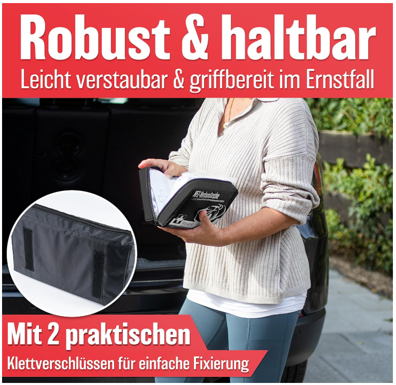 HELDENWERK - Car First Aid Bag & First Aid Kit - DIN 13164:2022 Standard - Compact - Nylon noir résistant à l'eau - Comprend des masques et une couverture de sauvetage - Pour voiture, moto et camion - Obligatoire en Europe