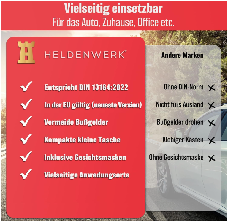HELDENWERK - Car First Aid Bag & First Aid Kit - DIN 13164:2022 Standard - Compact - Nylon noir résistant à l'eau - Comprend des masques et une couverture de sauvetage - Pour voiture, moto et camion - Obligatoire en Europe