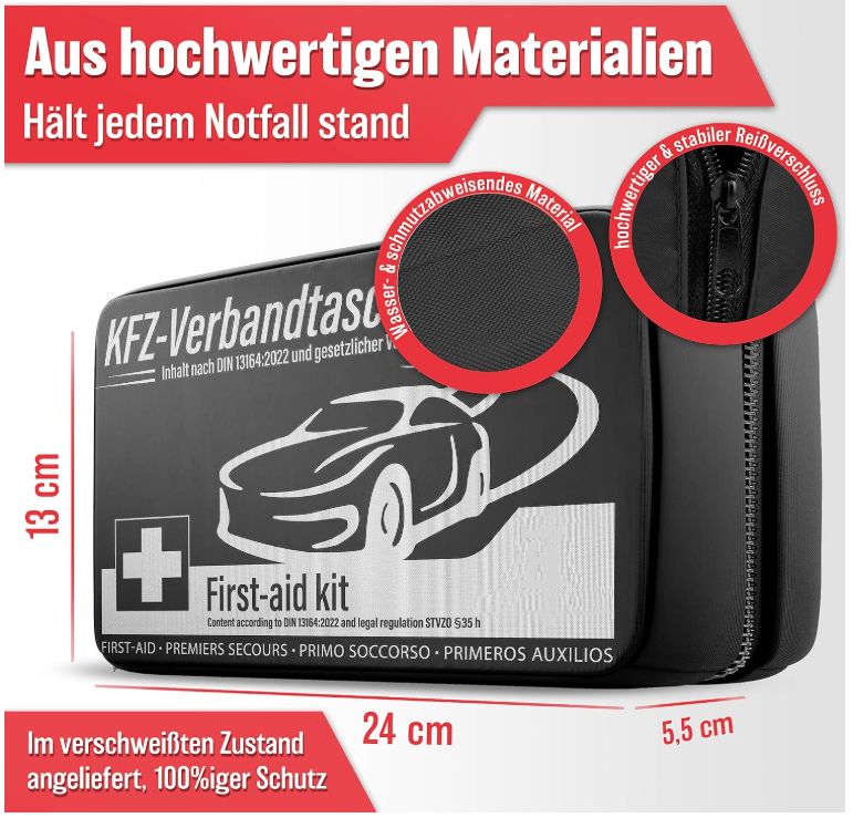 HELDENWERK - Car First Aid Bag & First Aid Kit - DIN 13164:2022 Standard - Compact - Nylon noir résistant à l'eau - Comprend des masques et une couverture de sauvetage - Pour voiture, moto et camion - Obligatoire en Europe