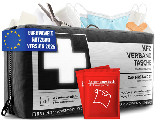 HELDENWERK - Sac de bandage pour voiture et trousse de premiers secours - Norme DIN 13164:2022 - Nylon noir résistant à l'eau - Comprend des lingettes et des masques respiratoires - Pour la voiture et la moto - Compact et sûr