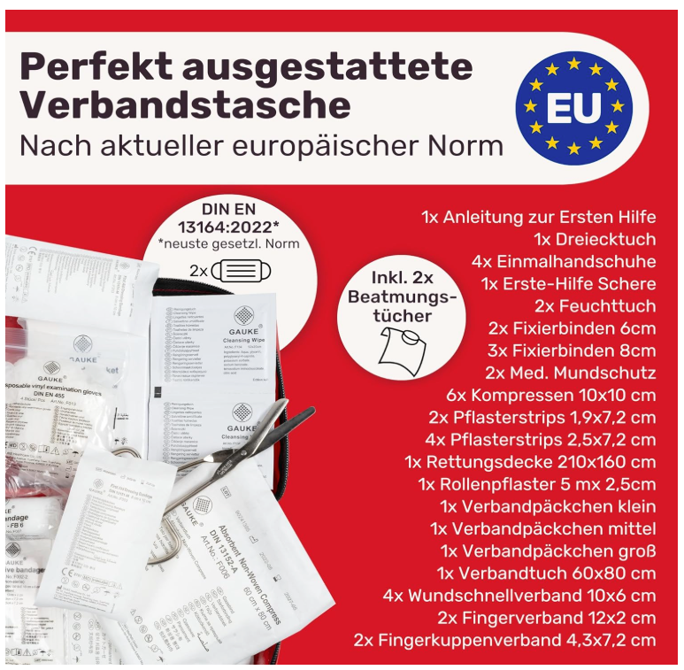 HELDENWERK - Sac de bandage pour voiture et trousse de premiers secours - Norme DIN 13164:2022 - Nylon noir résistant à l'eau - Comprend des lingettes et des masques respiratoires - Pour la voiture et la moto - Compact et sûr