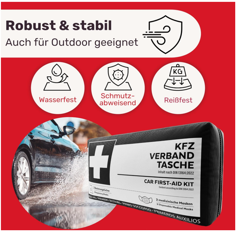 HELDENWERK - Sac de bandage pour voiture et trousse de premiers secours - Norme DIN 13164:2022 - Nylon noir résistant à l'eau - Comprend des lingettes et des masques respiratoires - Pour la voiture et la moto - Compact et sûr