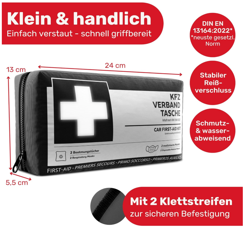 HELDENWERK - Sac de bandage pour voiture et trousse de premiers secours - Norme DIN 13164:2022 - Nylon noir résistant à l'eau - Comprend des lingettes et des masques respiratoires - Pour la voiture et la moto - Compact et sûr