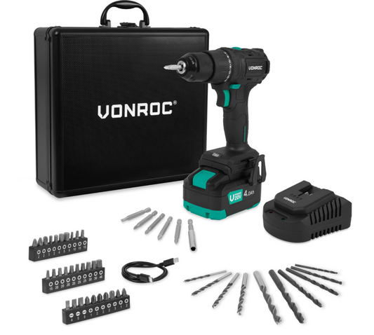 Vonroc Pro Perceuse sans fil 20v - 40nm - avec batterie 4.0ah, chargeur rapide et 46 accessoires dans une mallette de luxe