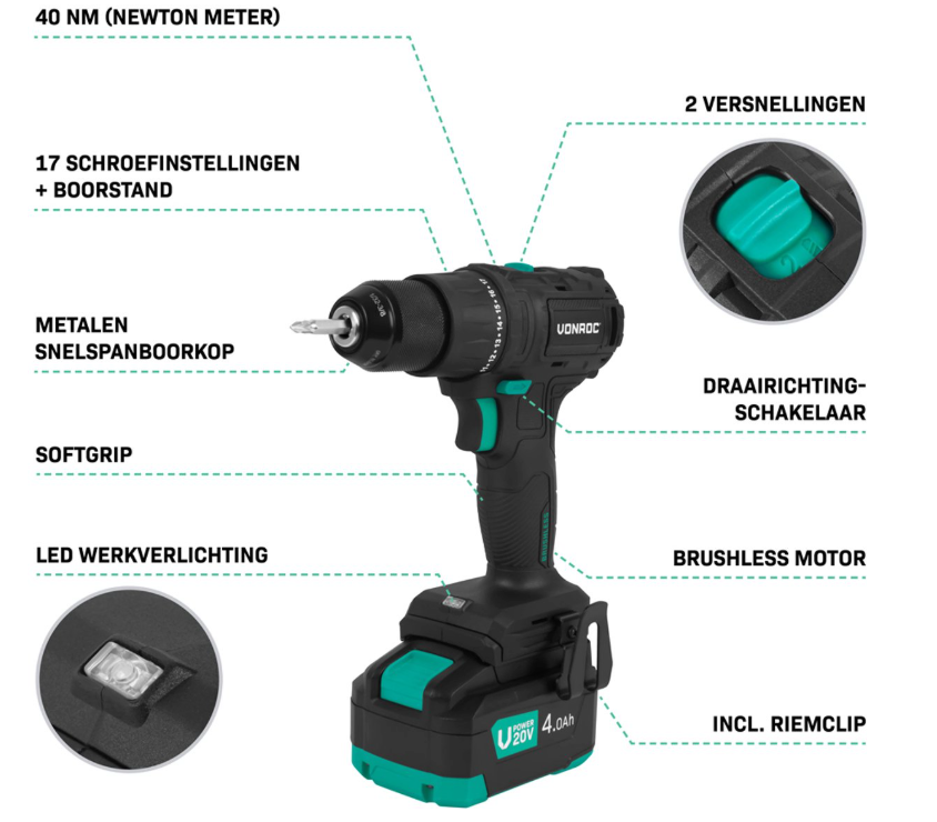 Vonroc Pro Perceuse sans fil 20v - 40nm - avec batterie 4.0ah, chargeur rapide et 46 accessoires dans une mallette de luxe