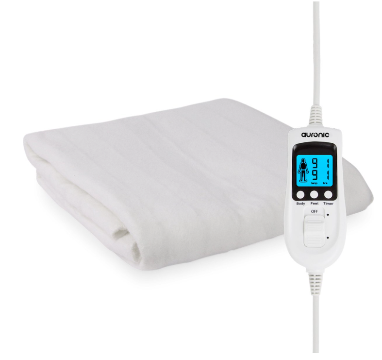 Auronic - Couverture électrique de luxe - 150x80 cm - Polyester blanc - 9 niveaux de chaleur et zone de pieds réglables séparément - Minuterie et protection contre la surchauffe - Lavable