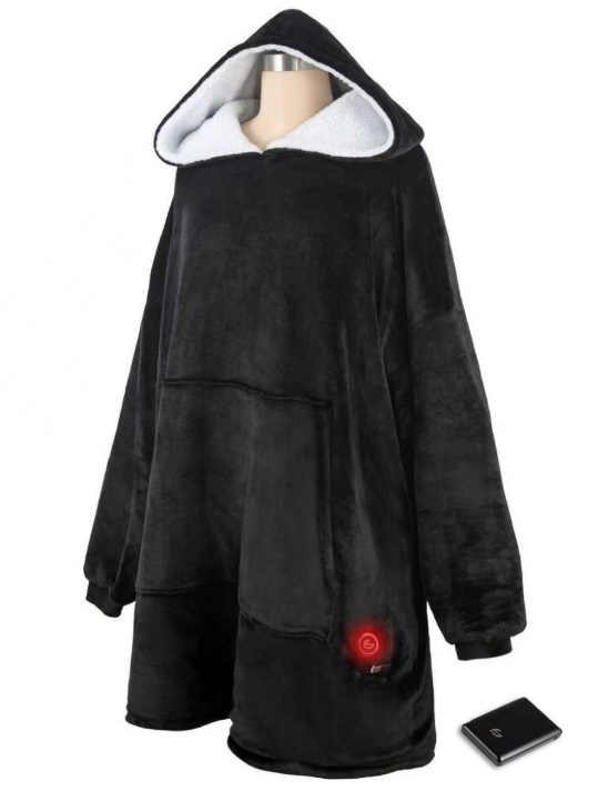 SAAF - Couverture chauffante à capuche & Snuggle Hoodie - Taille unique - Polyester noir - 3 étapes avec batterie 10 000 mAh - Ultra douce et chauffée par USB - Confort maximal