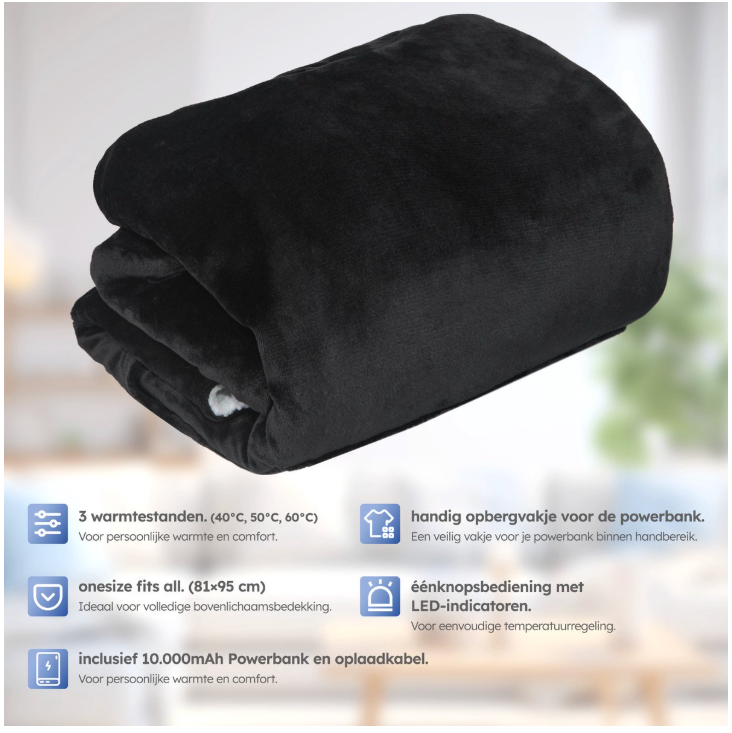 SAAF - Couverture chauffante à capuche & Snuggle Hoodie - Taille unique - Polyester noir - 3 étapes avec batterie 10 000 mAh - Ultra douce et chauffée par USB - Confort maximal