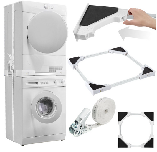 Tectake - Entretoise pour lave-linge et sèche-linge - Kit d'empilage universel - Acier blanc - Avec coussins en mousse et sangle - Gain de place et stabilité - Empilage en toute sécurité