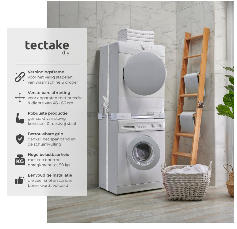 Tectake - Entretoise pour lave-linge et sèche-linge - Kit d'empilage universel - Acier blanc - Avec coussins en mousse et sangle - Gain de place et stabilité - Empilage en toute sécurité