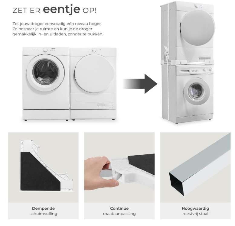 Tectake - Entretoise pour lave-linge et sèche-linge - Kit d'empilage universel - Acier blanc - Avec coussins en mousse et sangle - Gain de place et stabilité - Empilage en toute sécurité