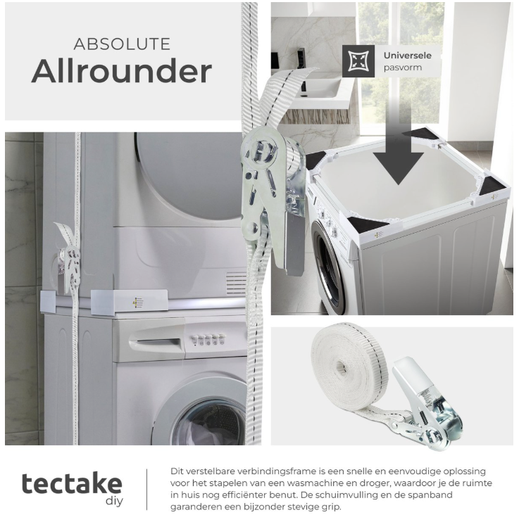 Tectake - Entretoise pour lave-linge et sèche-linge - Kit d'empilage universel - Acier blanc - Avec coussins en mousse et sangle - Gain de place et stabilité - Empilage en toute sécurité