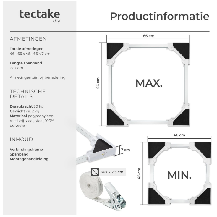 Tectake - Entretoise pour lave-linge et sèche-linge - Kit d'empilage universel - Acier blanc - Avec coussins en mousse et sangle - Gain de place et stabilité - Empilage en toute sécurité