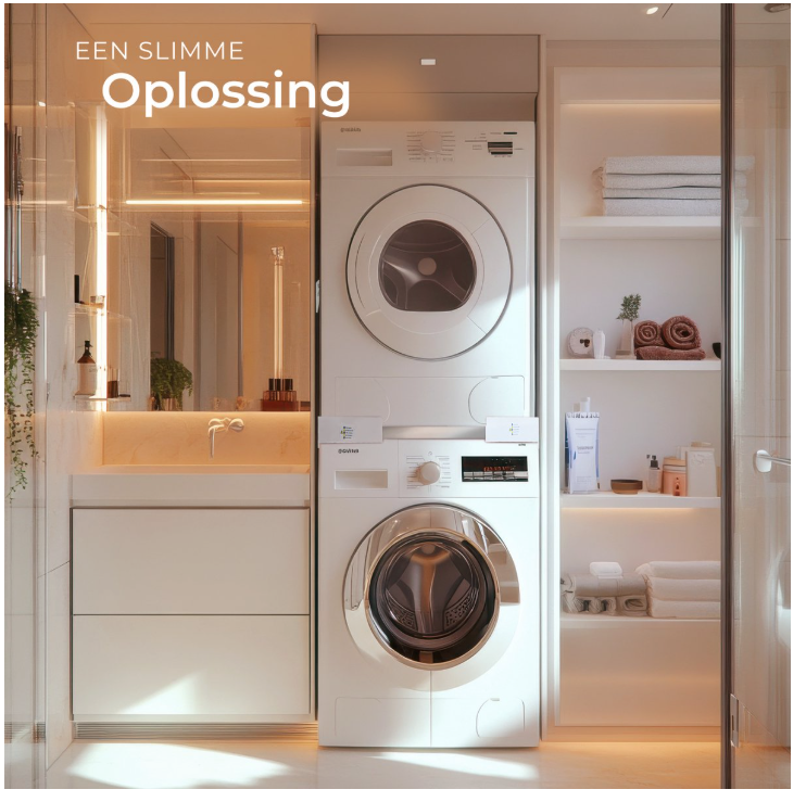 Tectake - Entretoise pour lave-linge et sèche-linge - Kit d'empilage universel - Acier blanc - Avec coussins en mousse et sangle - Gain de place et stabilité - Empilage en toute sécurité